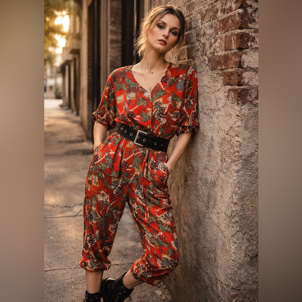 Vintage 90s Vibes Tropical Novelty Print Jumpsuit Red Resort One Piece Size M